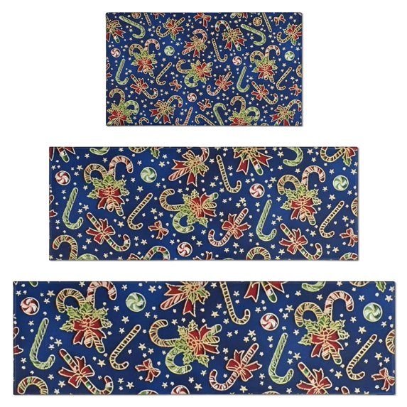 Blue Christmas Candy Cane Pattern Kitchen Rugs Sets Of 3,Kitchen Runner Rugs Non Skid Washable,Decorative Kitchen Floor Mats for Kitchen,Sink,Laundry,17"x30"+ 17"x47" + 17"x59"