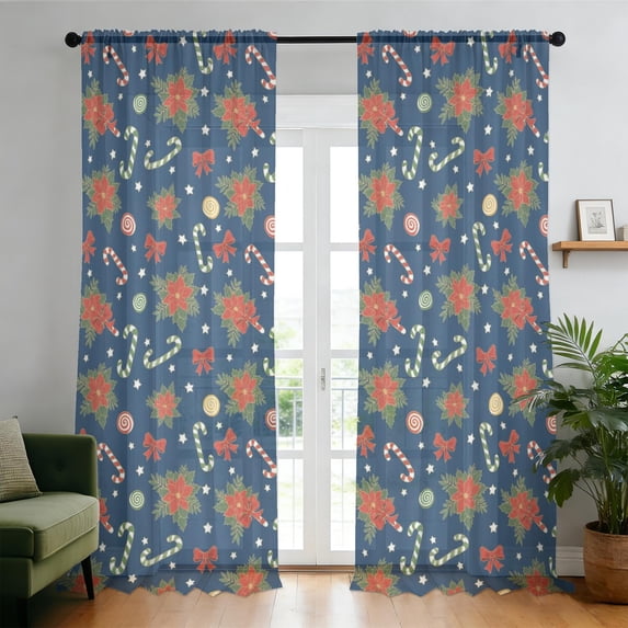 Blue Christmas Candy Cane Pattern Sheer Curtains, Voile Drapes with ...