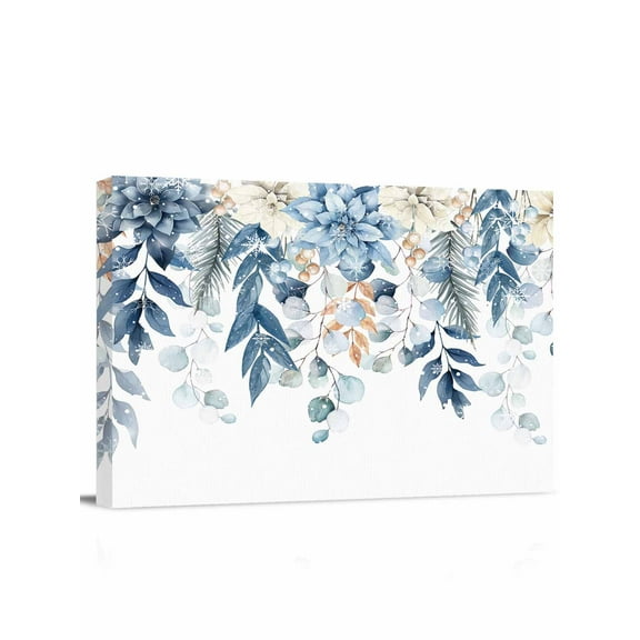 Blue Christmas Canvas Print Wall Art Framed Canvas Art Wall Decor Flower Poinsettia Holly Eucalyptus Pictures Painting Morden Artwork for Living Room Bedroom, Ready to Hang - 12"x16"