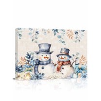 Blue Christmas Canvas Print Wall Art Framed Canvas Art Wall Decor Snowman Gift Flower Holly Eucalyptus Linen Pictures Painting Morden Artwork for Living Room Bedroom, Ready to Hang - 12"x16"