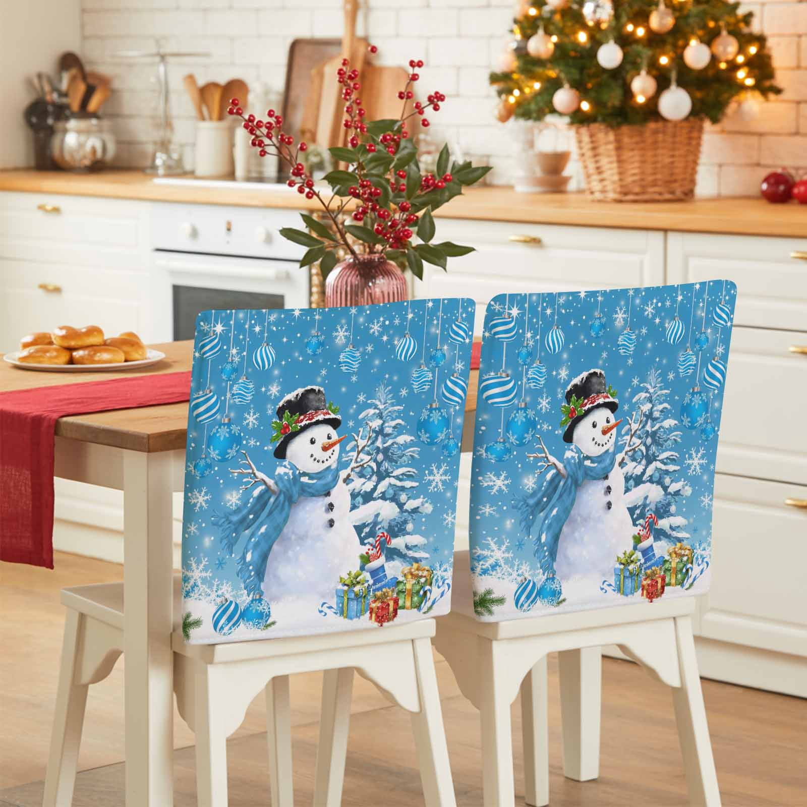 Blue Christmas Chair Back Covers, Snowman Xmas Tree Ball Gifts Winter ...