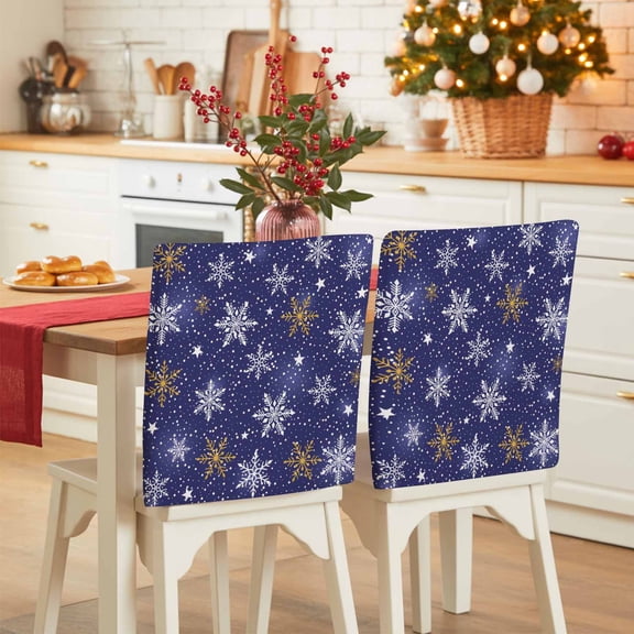 Blue Christmas Chair Back Covers, Xmas Yellow White Snowflakes Winter Removable Chair Covers for Dining Chairs Set of 4, Washable Chairs Slipcovers Back Seat Protector for Holiday Party 19"x20"