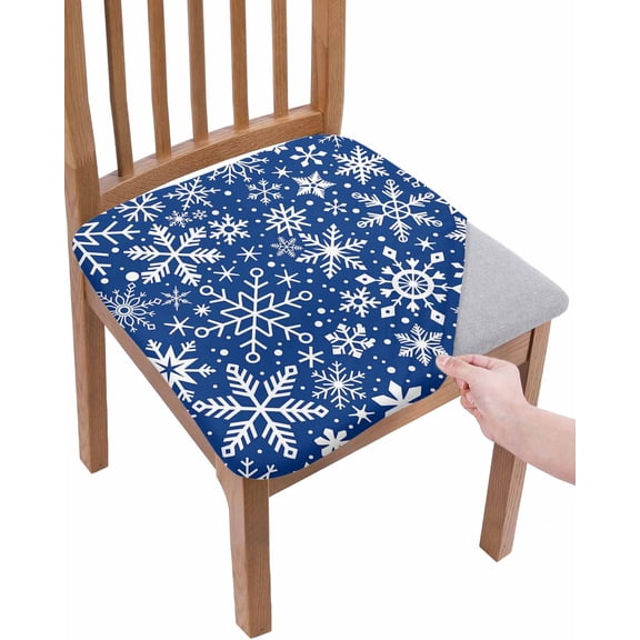 Blue Christmas Chair Seat Covers for Dining Room Stretch Chair Seat Covers Set of 2, Snowflakes Xmas Winter Vintage New Year Chair Seat Protector Cushion Slipcovers for Kitchen Restaurant Office