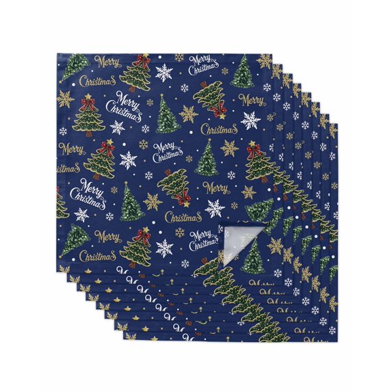 Blue Christmas Cloth Napkins Set of 8 Reusable Dinner Napkins, Winter Pine Tree Gold White Snowflakes Cocktail Napkin Washable Table Napkins for Wedding/Holiday Party/Baby Shower 20"x20"