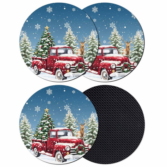 Blue Christmas Coasters Set of 4, Absorbent Coasters for Drinks, Winter Red Truck Pine Tree Xmas Snowflakes Coaster for Desk Coffee Table Protection, Home Decor House Warming Gifts 4"