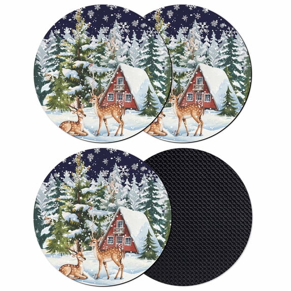 Blue Christmas Coasters Set of 4, Absorbent Coasters for Drinks, Xmas Winter Forest Tree Deer Snowflakes Coaster for Desk Coffee Table Protection, Home Decor House Warming Gifts 4"