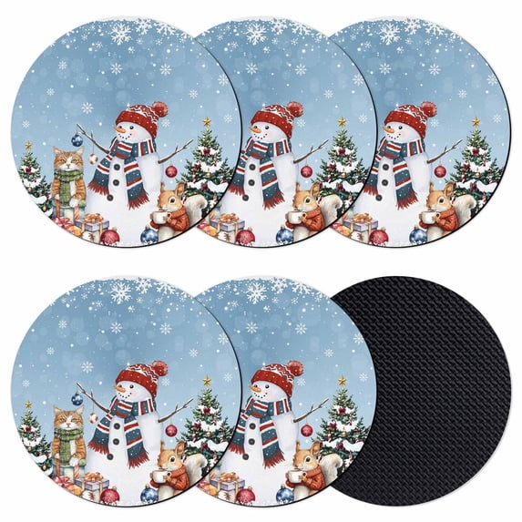 Blue Christmas Coasters Set of 6, Absorbent Coasters for Drinks, Snowman Squirrel Cat Pine Tree Winter Snow Coaster for Desk Coffee Table Protection, Home Decor House Warming Gifts 4"