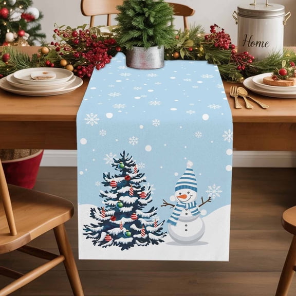 Blue Christmas Cotton Linen Table Extra Long Runner 13 x 120 inch Snowman Pine Tree Ball Winter Snow Scene Non-slip Rectangular Dining Table Decor for Wedding Party Holiday Dinner