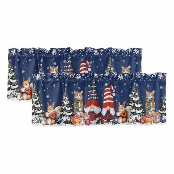 Blue Christmas Curtain Valances for Windows, Kitchen Valance Window Treatments Panel 2 Pack, Gnomes Cat Squirrel Pine Tree Winter Snowy Rod Pocket Short Curtains for Bathroom Bedroom 54 x 18 Inch