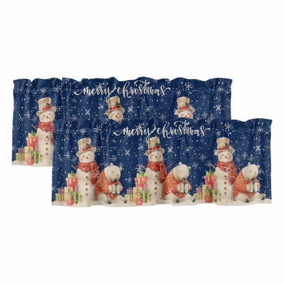 Blue Christmas Curtain Valances for Windows, Kitchen Valance Window Treatments Panel 2 Pack, Xmas Snowman Bear Snowflake Rod Pocket Short Curtains for Bathroom Bedroom 54 x 18 Inch