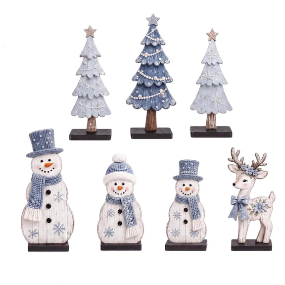 Blue Christmas Decorations, 7 Piece Rustic Farmhouse Christmas Figurines Set for Indoor Home Tabletop Holiday Party Display
