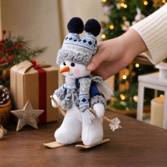 Blue Christmas Decorations,Snowman Figurine with Ski Gear for Indoor Holiday Display,Cute Plush Winter Snowman Decor for Home,1 Pack