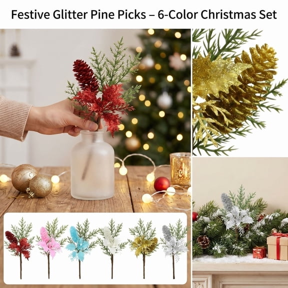 Blue Christmas Decorations, Turquoise Glitter Pine Cone, Glittery Holly Pick, Faux Pine Hobby, 12X6 Inch Artificial Holiday Floral Pick, Suitable for Wreath Attachment, Tree
