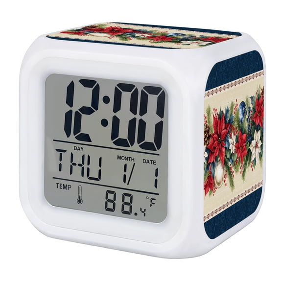 Blue Christmas Digital Alarm Clock for Bedrooms, Smart LED Alarm Clock with 7 Color Changing Night Light, Xmas Botanical Poinsettia Balls Silent Wake Up Clocks for Sleep Study Cooking 3.2"x3.2"