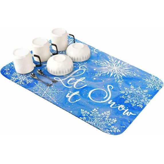 Blue Christmas Dish Drying Mat for Kitchen Counter, Absorbent Quick Dry Coffee Bar Mat Pad Thin Diatomaceous Sink Mat, Xmas Snowflake Watercolor Non Slip Dish Drainer Mat 16x18