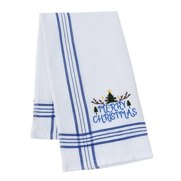 Blue Christmas Embroidered Waffle Weave Towel For Kitchen Bathroom Holiday Decor 38X64Cm Polyester
