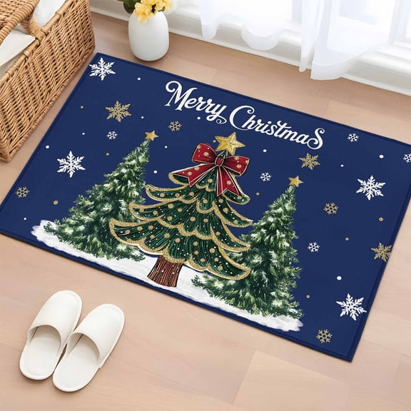 Blue Christmas Entryway Rug 2'x3'&nbsp; Non Slip Front Door Mats, Xmas Christmas Tree Snowflake Entrance Rugs Indoor Outdoor Carpet, Washable Floor Mats Small Area Rug for Bedroom Kitchen