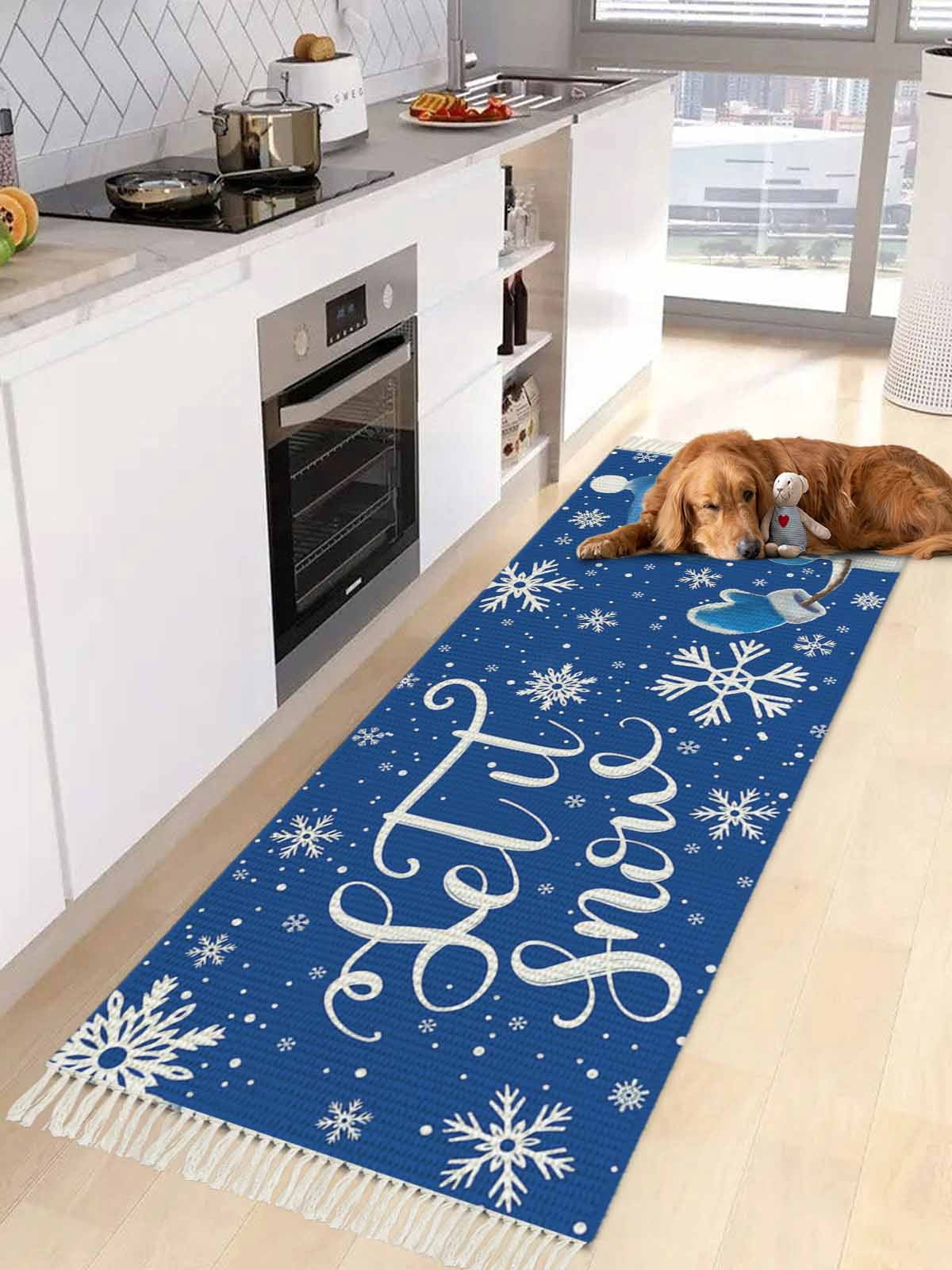 Blue Christmas, Entryway Runner Rug 2x4ft, Winter Snowflake Snowman ...