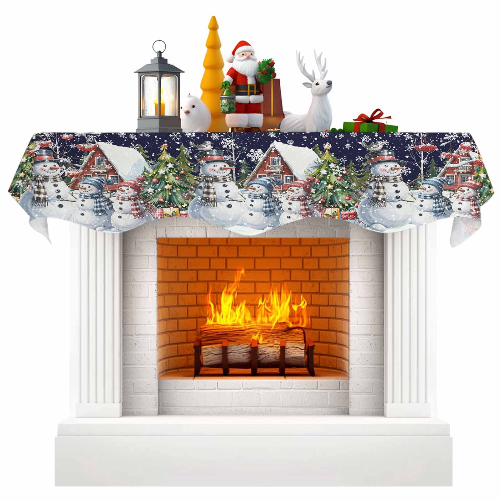 Blue Christmas Fireplace Mantle Scarf, Xmas Winter Snowman Snowflakes ...