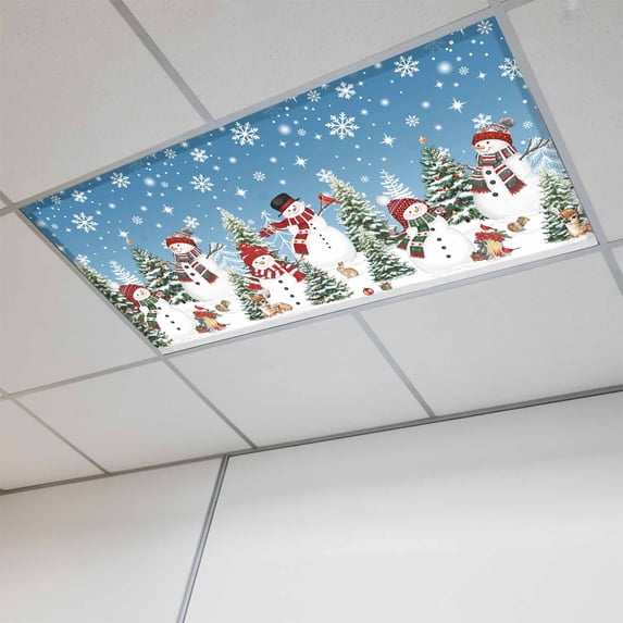 Blue Christmas Fluorescent Light Covers, Snowman Xmas Tree Snowflake Winter Magnetic Light Covers for Ceiling Lights, Fluorescent Ceiling Shade Filters for Classroom Bedroom Office 4x2Ft x 1PCS