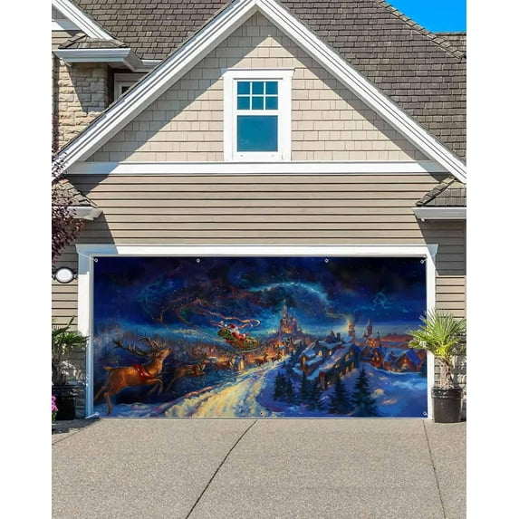 Blue Christmas Garage Door Banner Cover, Hanging Garage Door Decorations, Xmas Santa Elk Snowflake Holiday Garage Door Covers Backdrop for Party Indoor Outdoor Wall Decor 6x13Ft