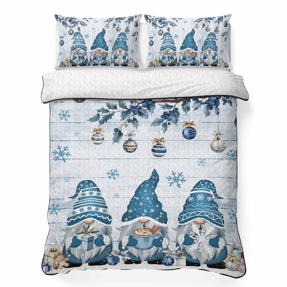 Blue Christmas Gnome 3 Piece Quilt Set King Size, Xmas Cute Gnomes Balls Gifts Winter Snowflakes Wood Grain Bedspread Coverlet Bedding Set Lightweight Comforter Set with 2 Pillowcases for Bedroom