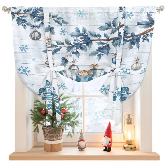 Blue Christmas Gnome Tie Up Balloon Window Curtain 34Wx45L In, Xmas Cute Gnomes Balls Gifts Winter Snowflakes Wood Grain Rod Pocket Adjustable Tie Up Curtains Small Kitchen Sink Curtains for Bedroom