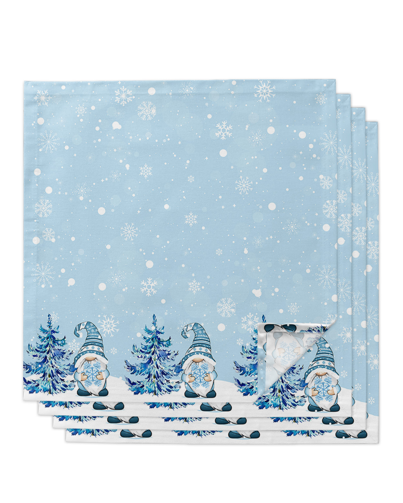 Blue Christmas Gnomes Dinner Napkins Cloth Set of 4, Polyester Napkins
