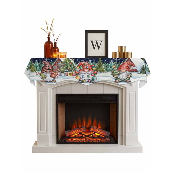 Blue Christmas Gnomes Fireplace Mantle Scarf, Xmas Winter Forest Pine Tree Mantel Cover Table Runner for Home Living Room Door Window, Indoor Outdoor Holiday Party Decor 17" x 60"