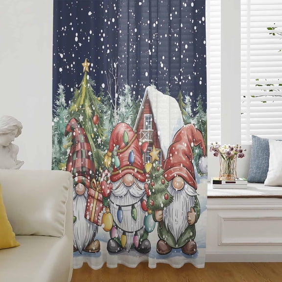 Blue Christmas Gnomes Semi Sheer Curtains Drapes for Living Room, Bedroom, French Doors Window 45 Inches Long, Xmas Winter Forest Pine Tree Rod Pocket Chiffon Curtain Drapery Voile Draperies Panel