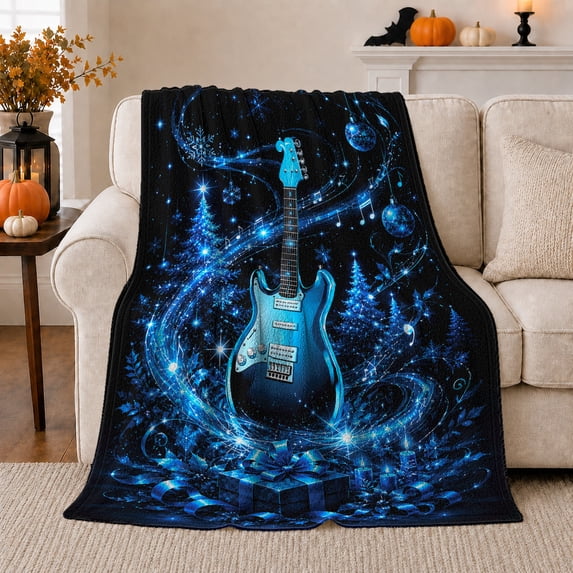 Blue Christmas Guitar Flannel Blanket with Electric Guitar Music Notes Snowflakes Trees Ornaments Gifts Black Holiday Art, Music Lover Home Decor, Guitarist Gift