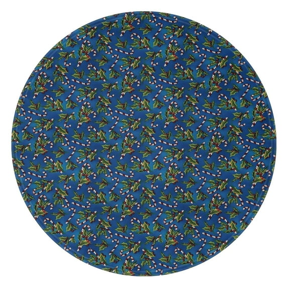 Blue Christmas Holly and Candy Cane Pattern Round Blanket,Comfortable Soft Flannel Throw Blanket,All Season,Warm Lightweight Blankets for Sofa Bed Couch Living Room Chair 60"x60"