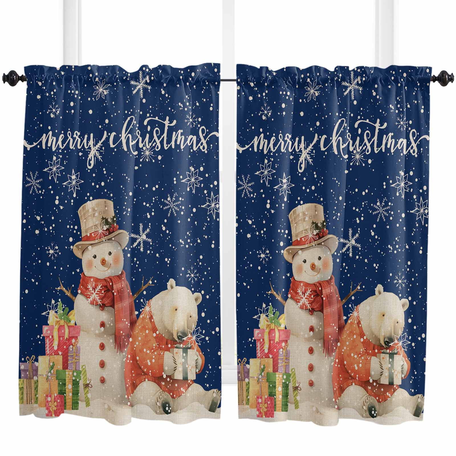 Blue Christmas Kitchen Curtain 2 Panels Curtains 45 Inch Length, Xmas