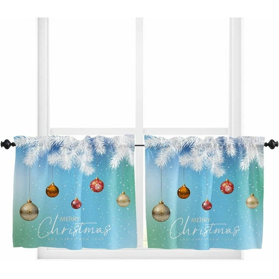 Blue Christmas Kitchen Curtain 2 Panels Tiers Curtains 24 Inch Length, Xmas Balls Snowflake Botanical Curtains Rod Pocket Curtains Window Drapes Treatment Window Cafe Curtains