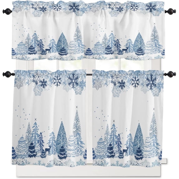 Blue Christmas Kitchen Curtain Set Snowflake Winter Xmas Tree Rod Pocket Kitchen Tier Curtains Valance Set 3 Piece Reindeer Elk Forest Christmas Window Curtain Valance Tier Set 54 in x 24 in
