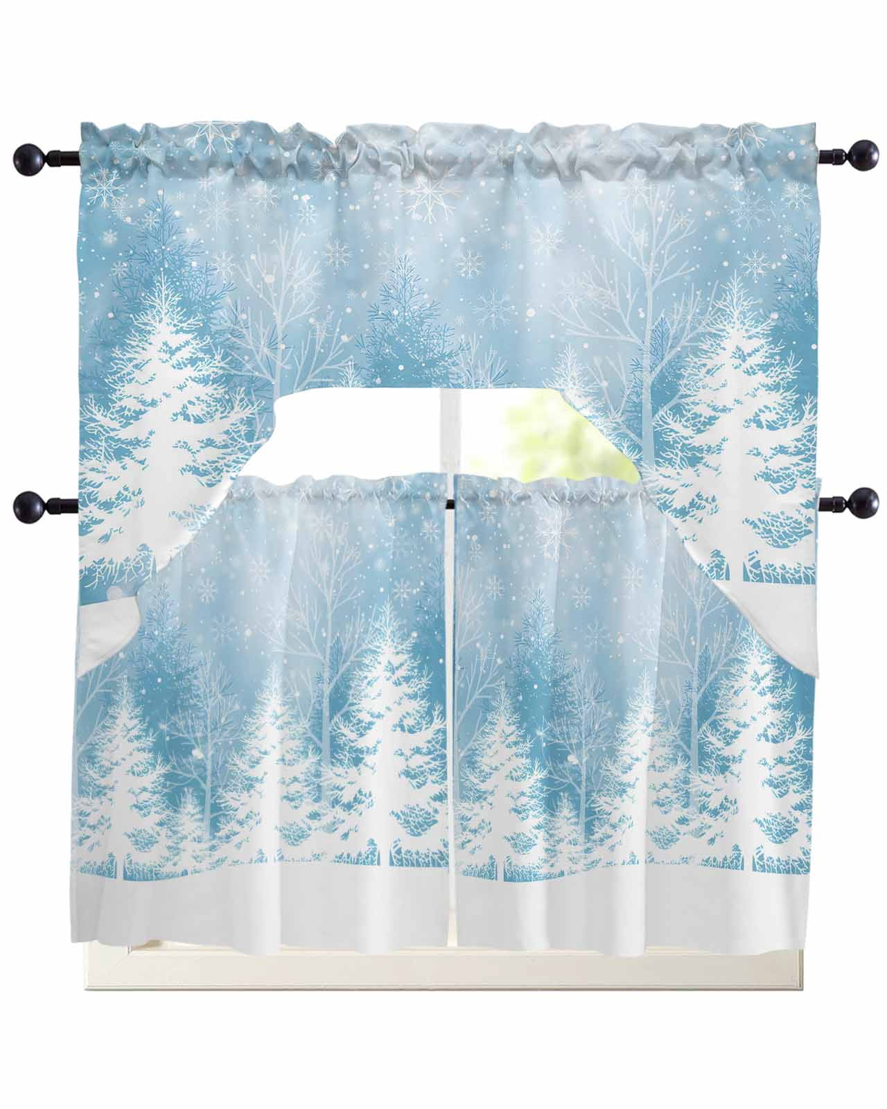 Blue Christmas Kitchen Curtains Set for Windows 3 Piece Cafe Curtains ...