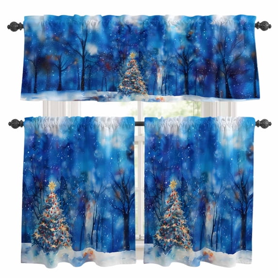 Blue Christmas Kitchen Curtains Sets for Windows 24 Inch Length, Xmas Tree Snowflake Watercolor Forest Rod Pocket Window Treatments Tier Curtains and Valances Set for Bedroom/Bathroom