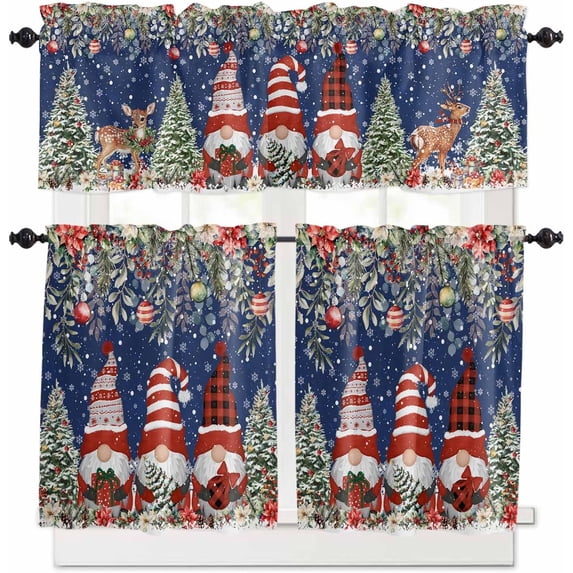 Blue Christmas Kitchen Curtains and Valances Set, Rod Pocket Curtains Tier Farmhouse Window Curtains 36 Inch Length, Xmas Gnomes Poinsettia Snowflake Berry 3 Piece Kitchen Curtains Set