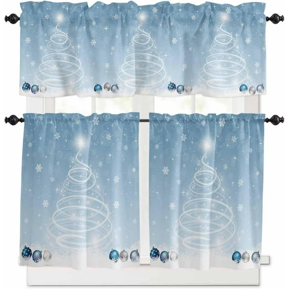 Blue Christmas Kitchen Curtains and Valances Set, Rod Pocket Curtains Tier Farmhouse Window Curtains 36 Inch Length, Xmas Winter Snowflake Pine Tree Ball 3 Piece Kitchen Curtains Set
