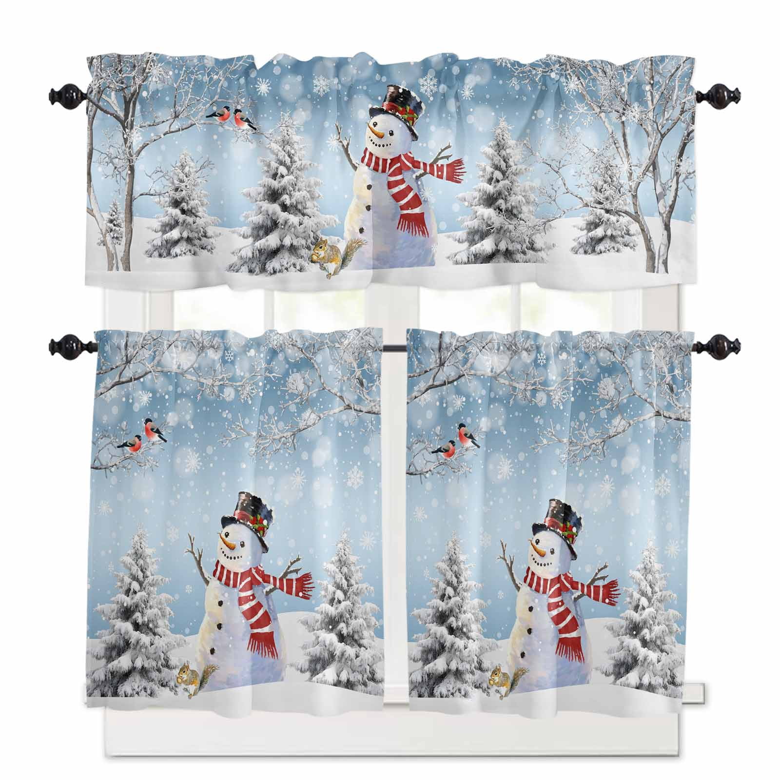 Blue Christmas Kitchen Curtains and Valances Set, Snowman Snowflake