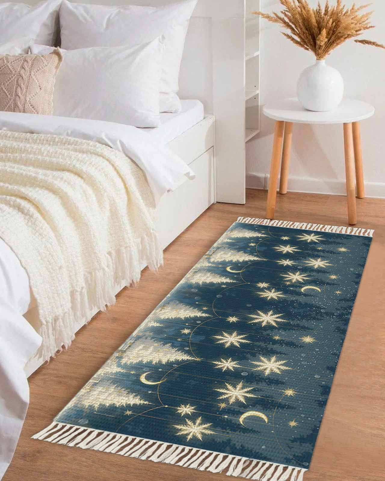 Blue Christmas Kitchen Runner Rug 2'x4', Washable Woven Cotton Area Rug