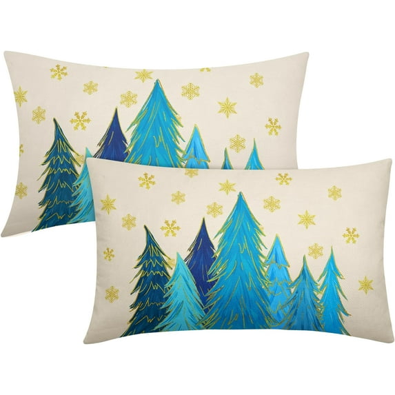 Blue Christmas Lumbar Pillow Covers 12x20 Inch Set of 2 Santa Tree Gold Snowflake Xmas Rectangular Throw Pillows For Couch Winter Holiday Pillow Cases Farmhouse Home Decor For Sofa Porch Outdoor