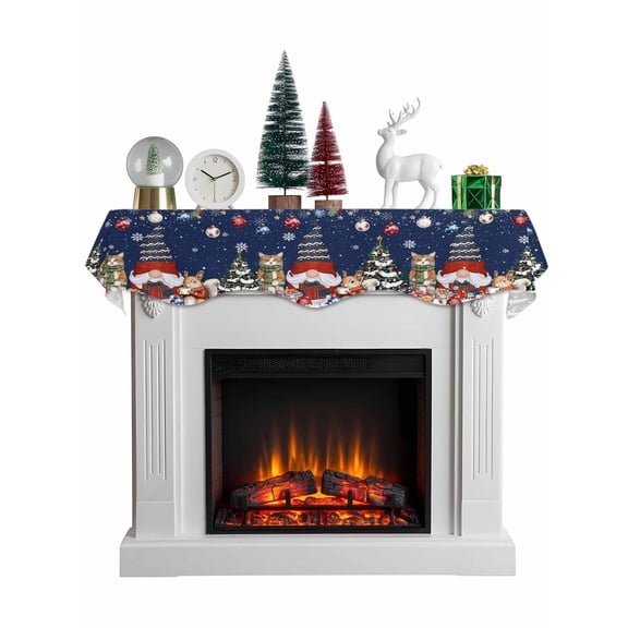 Blue Christmas Mantel Scarf Fireplace Decorations for Living Room, Winter Gnomes Poinsettia Pine Tree Branches Fireplace Mantel Scarf Cover Runner for Halloween/Thanksgiving/Christmas Decor 60"x17"