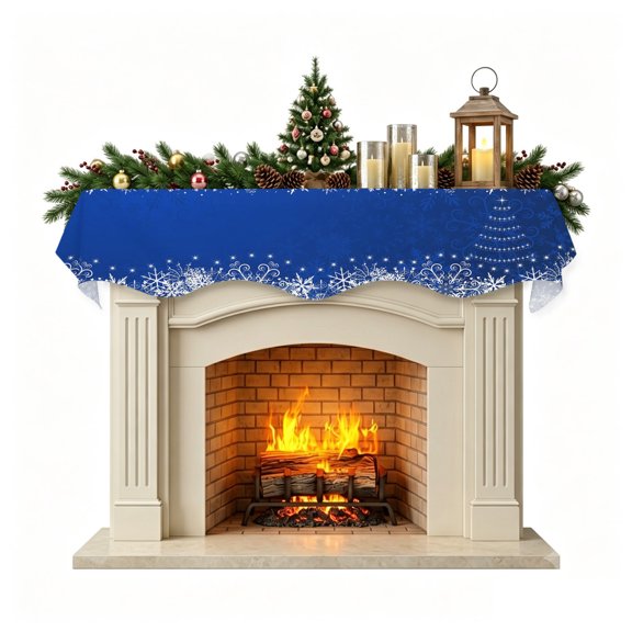 Blue Christmas Mantel Scarf Fireplace Decorations for Living Room, Xmas Snowflake Tree Vintage Fireplace Mantel Scarf Cover Runner for Halloween/Thanksgiving/Christmas Decor 70"x17"
