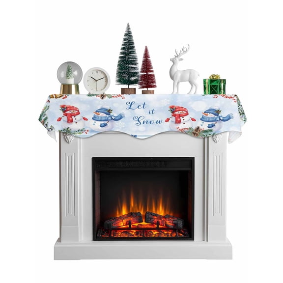Blue Christmas Mantel Scarf Fireplace Decorations for Living Room, Xmas Snowman Tree Snowflake Pine Cones Fireplace Mantel Scarf Cover Runner for Halloween/Thanksgiving/Christmas Decor 60"x17"