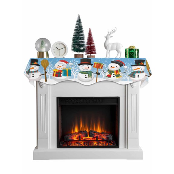 Blue Christmas Mantel Scarf Fireplace Decorations for Living Room, Xmas Snowman Winter Snowflakes Forest Tree Fireplace Mantel Scarf Cover Runner for Halloween/Thanksgiving/Christmas Decor 60"x17"