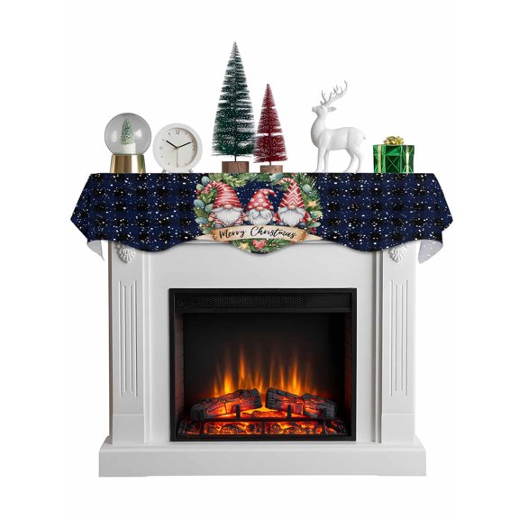 Blue Christmas Mantel Scarf Fireplace Decorations for Living Room, Xmas Winter Watercolor Gnomes Pine Wreath Fireplace Mantel Scarf Cover Runner for Halloween/Thanksgiving/Christmas Decor 60"x17"