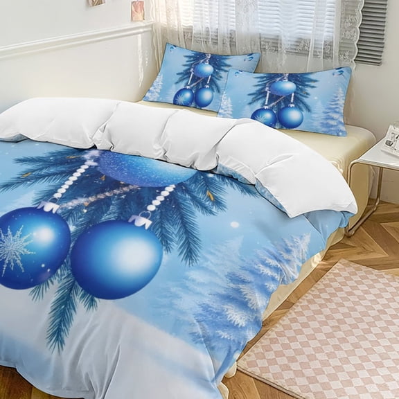 Blue Christmas Ornaments on Snowy Branches Duvet Cover Set Themed Multicolor Polyester Bedding Set for Bedroom Decoration