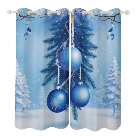 Blue Christmas Ornaments on Snowy Branches Luxury Window Curtains Blinds for Living Room Bedroom Bathroom Kicthen Door Home Decor 2 Panels
