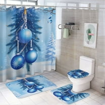 Blue Christmas Ornaments on Snowy Branches Shower Curtain Bathroom Sets Toilet Lid Rug, Bath Mat And Contour Mat, Shower Curtain 4Pcs